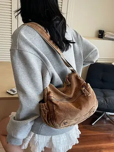 Retro brown corduroy tote bag for women with spacious capacity and minimalist texture style