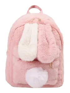 Pink plush rabbit ear mini backpack with cute white fur ball and golden zipper for girls