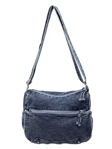 Vintage dark blue washed denim tote bag with multi-zipper pockets and adjustable strap