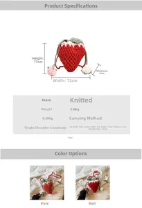 Detailed size specifications for a handmade crochet strawberry-shaped mini shoulder bag