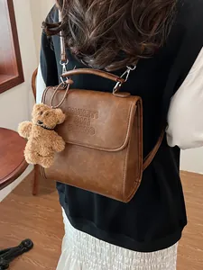 Vintage PU Leather Backpack For Women Fashion Letter Print Small School Bag With Bear Pendant Multi-Way Handbag Travel Bag