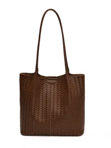Deep brown hand-woven leather tote bag with dual shoulder straps for daily commute