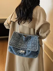 Washed Denim Chain Tote Bag For Women Vintage Quilted Diamond Shoulder Bag Large Capacity Crossbody Bag With Turn Lock