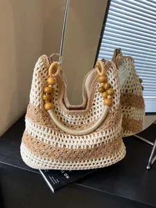 Women Bohemian Hollow Out Crochet Woven Tote Bag With Wood Beads Strap Casual Beach Vacation Shoulder Bag Large Capacity Handbag