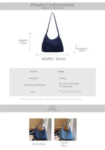 Detail specifications and dimensions of the large capacity denim hobo shoulder bag