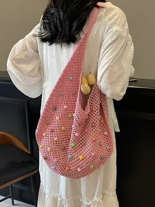 Women Handmade Knit Crochet Tote Bag Colorful Bead Decoration Large Capacity Hollow Mesh Shoulder Bag Summer Beach Vacation Bag