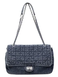 Deep blue washed denim chain shoulder bag with quilted stitching and silver metal buckle