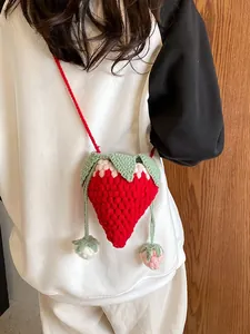 Handmade Crochet Strawberry Crossbody Bag For Women Girls Cute Mini Knit Cotton Wool Drawstring Shoulder Purse Gift