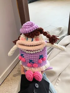Borsa a Tracolla a Forma di Bambola di Cartone Animato Fatta a Mano all'Uncinetto Con Labbra a Salsiccia e Ciliegie Divertente Astuccio per Cellulare in Maglia per Donna Bambini