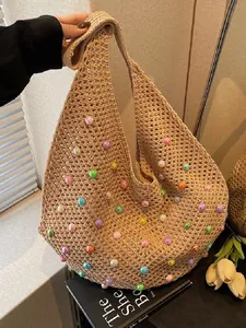 Beige hollow crochet tote bag with colorful pearls and spacious hobo shoulder strap design
