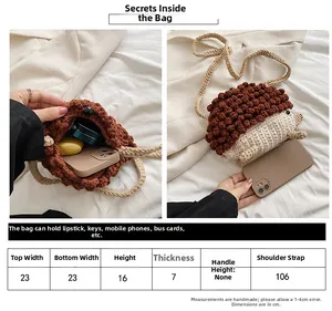 Detailed size chart for handmade animal crochet crossbody bag with internal storage view