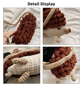 Detailed views of handmade crochet hedgehog crossbody bag with textured knit fabric
