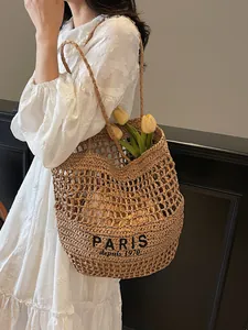 Sac de plage en paille tressée pour femme, grand sac épaule chic avec broderie de lettres style.