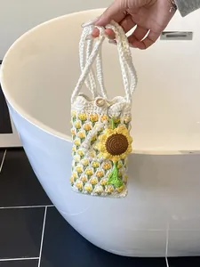 Handmade crochet tulip phone bag with sunflower charm and pearl beads decoration