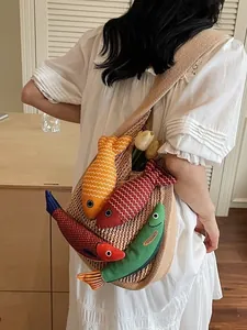Handmade woven tote bag with 3D colorful fish charms for casual summer beach vacation