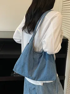 Women Retro Denim Large Capacity Shoulder Bag Casual Simple Hobo Tote Crossbody Bag Washed Denim Handbag Daily Commute