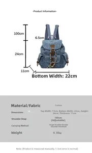 Detailed size specifications of the vintage rose denim canvas backpack with adjustable straps