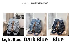 Detailed comparison of three retro denim rose floral mini backpacks in blue color shades