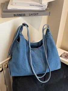 Retro denim tote bag in blue with large capacity and double straps for daily casual style