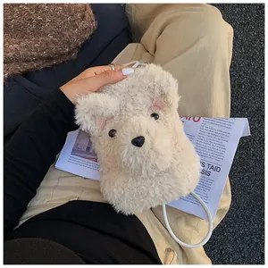 Detail of plush beige puppy crossbody bag showing soft faux rabbit fur and dog features