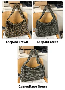 Detailed comparison of leopard brown, green leopard, and camo green large canvas bags