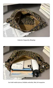 Detail showing the large capacity leopard print canvas tote bag with inner zipper pocket