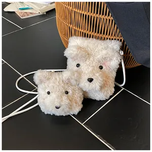 Detail of cream plush teddy dog crossbody bags with adjustable straps in two sizes
