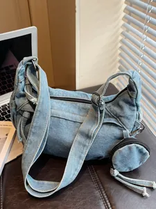 Borsa Hobo in Denim Lavato Vintage per Donna Borsa a Tracolla Mezzaluna Casual Con Portamonete Rotondo Rimovibile Tracolla Larga Regolabile