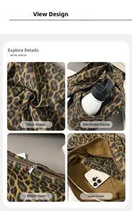 Detailed views of leopard print canvas bag with side pockets and smooth metal zipper