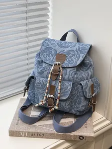 Women Vintage Denim Rose Jacquard Backpack Mini Casual School Bag For Student Commuting Korean Fashion Travel Daypack