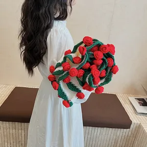 Handmade Crochet Rose Knitted Blanket Soft Acrylic Throw For Office Nap Sofa Bed Decor Romantic Valentine Day Gift
