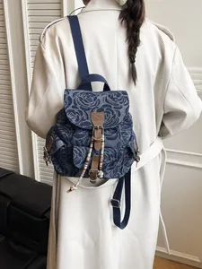 Retro denim mini backpack with rose floral jacquard and brown leather straps for women