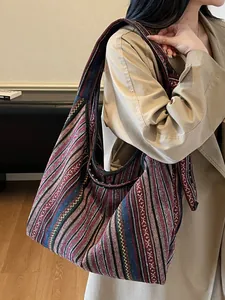 Ethnic style woven shoulder bag with bohemian geometric patterns for casual wear
