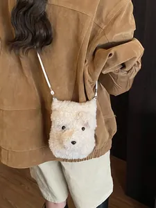 Cute white plush dog crossbody bag shown on model with soft faux fur and long strap