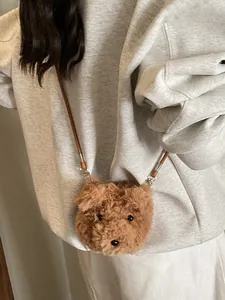 Cute brown plush bear crossbody bag for women with soft faux fur and leather shoulder strap