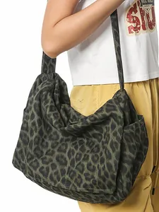 Large capacity leopard print canvas crossbody bag for women in dark green and black finish