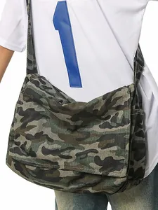 Large capacity camouflage canvas messenger bag with wide shoulder strap for casual wear