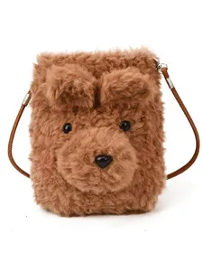 Cute brown plush teddy bear crossbody bag with soft faux fur and adjustable strap