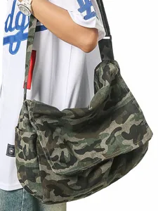 Large camouflage canvas messenger bag with adjustable strap and flap closure for women