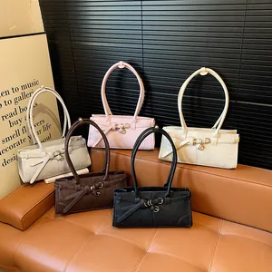 Retro PU Leather Underarm Shoulder Bag Women Belt Decoration Metal Buckle Handbag Minimalist Baguette Bag Daily Commute