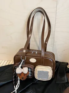 Damen PU Leder Schultertasche Große Kapazität Umhängetasche Mit Transparenter Tasche Und Plüschbär Charm Vintage Stil