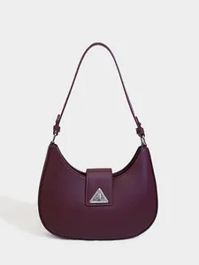 Women PU Leather Crescent Underarm Hobo Bag Simple Fashion Solid Color Shoulder Bag Silver Triangle Metal Buckle Korean Handbag