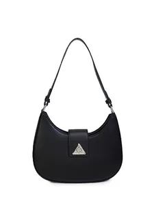 Chic black crescent hobo bag in matte leather with silver metal buckle on white background
