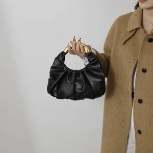 Sac à Main Plissé Nuage Minimaliste Haut de Gamme pour Femmes Design de Niche Poignée en Métal Doré Sac de Luxe Pochette en Cuir PU