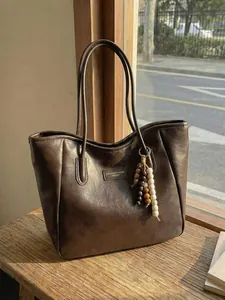 Women Retro PU Leather Large Capacity Tote Bag Minimalist Commuting Shoulder Bag With Bead Charm Underarm Handbag