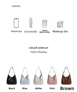 Detail showing high-capacity leather bucket bag interior for phone, umbrella, and makeup