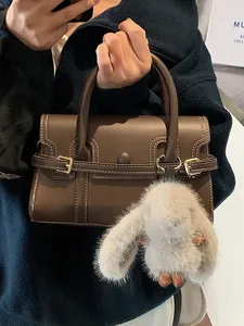 Women Vintage PU Leather Handbag Contrast Stitching Small Square Bag Shoulder Crossbody Bag With Plush Bunny Pendant