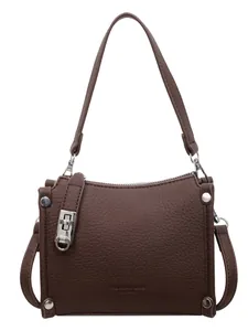 Retro dark brown pebbled leather crossbody bag with top handle and silver rivets