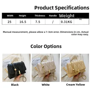 Detail view of quilted chain bag showing PU leather material and precise size parameters