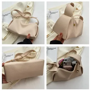 Detailed four-grid view of a cream leather crossbody bag showing its interior and texture